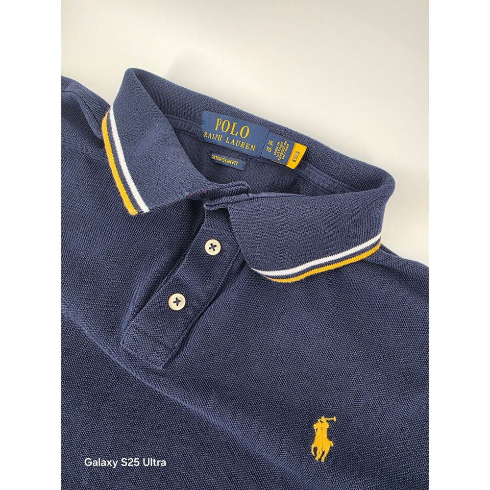 Polo Ralph Lauren Mens XL Custom Slim Fit Navy Blue Pique Polo Shirt Yellow Trim
